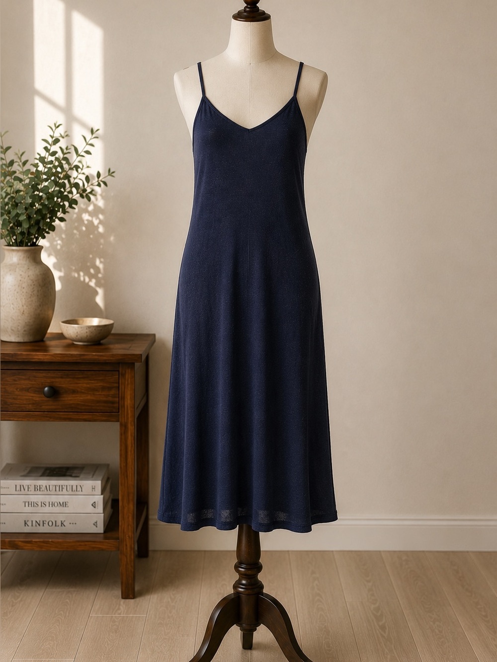 Zara Navy Blue Textured Knit Midi Slip Dress Spaghetti Strap Minimalist Size S